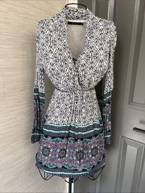 Ark & Co White & Black Mini Dress with Teal and Pink Accents